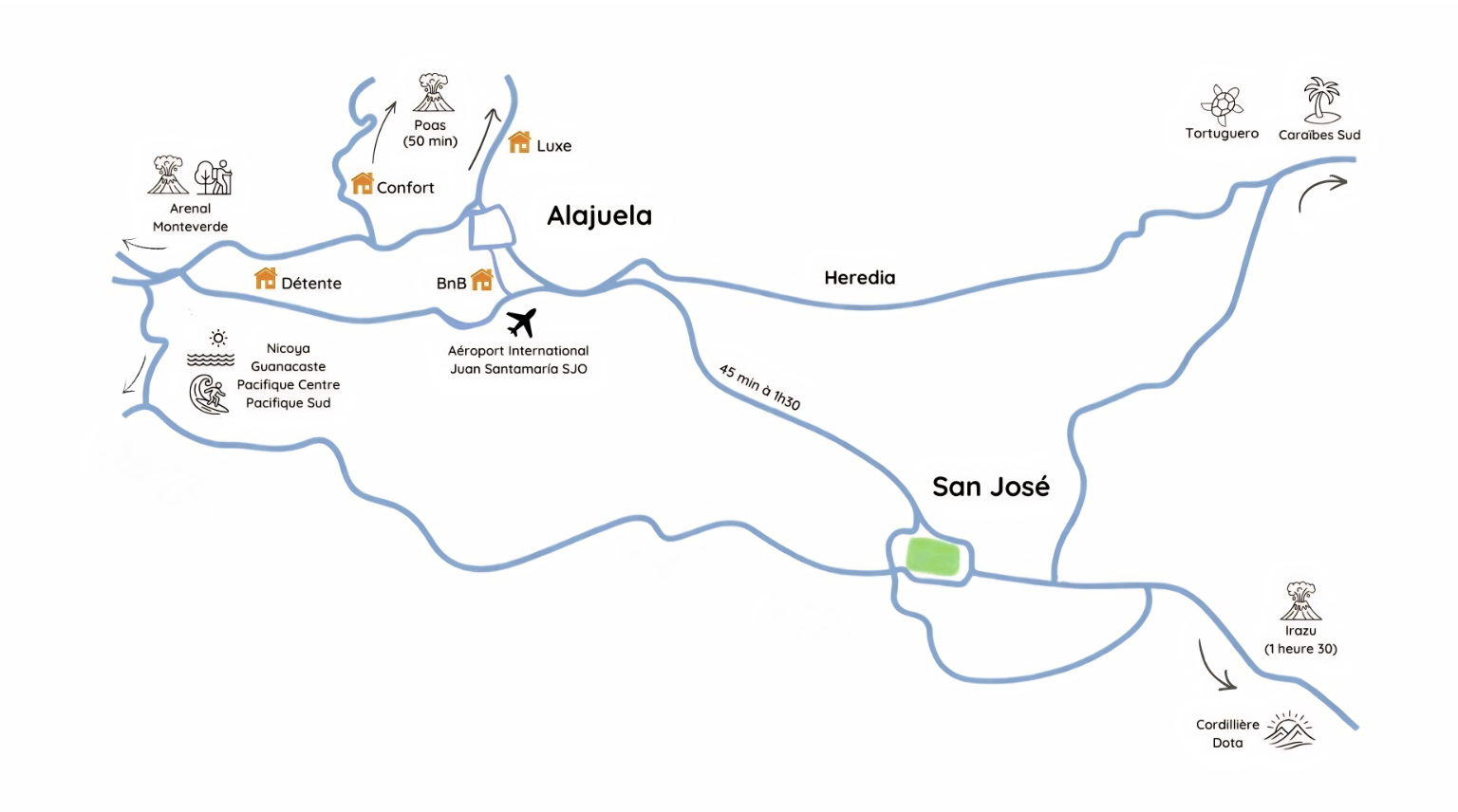 Carte d'emplacement des Bases d'accueil Chez Pierre ToutCostaRica